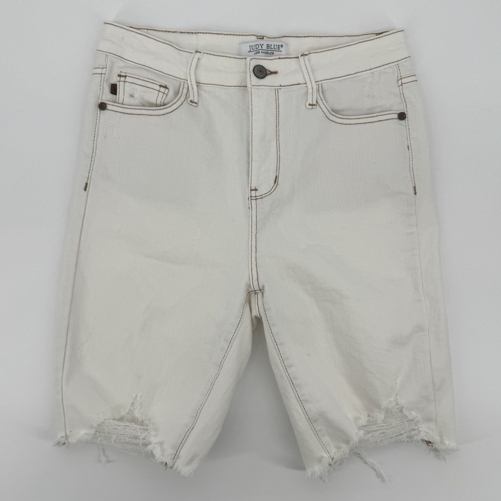 Judy Blue Med Distressed White Denim Bermuda Shorts Raw Hem High Rise 9" Inseam